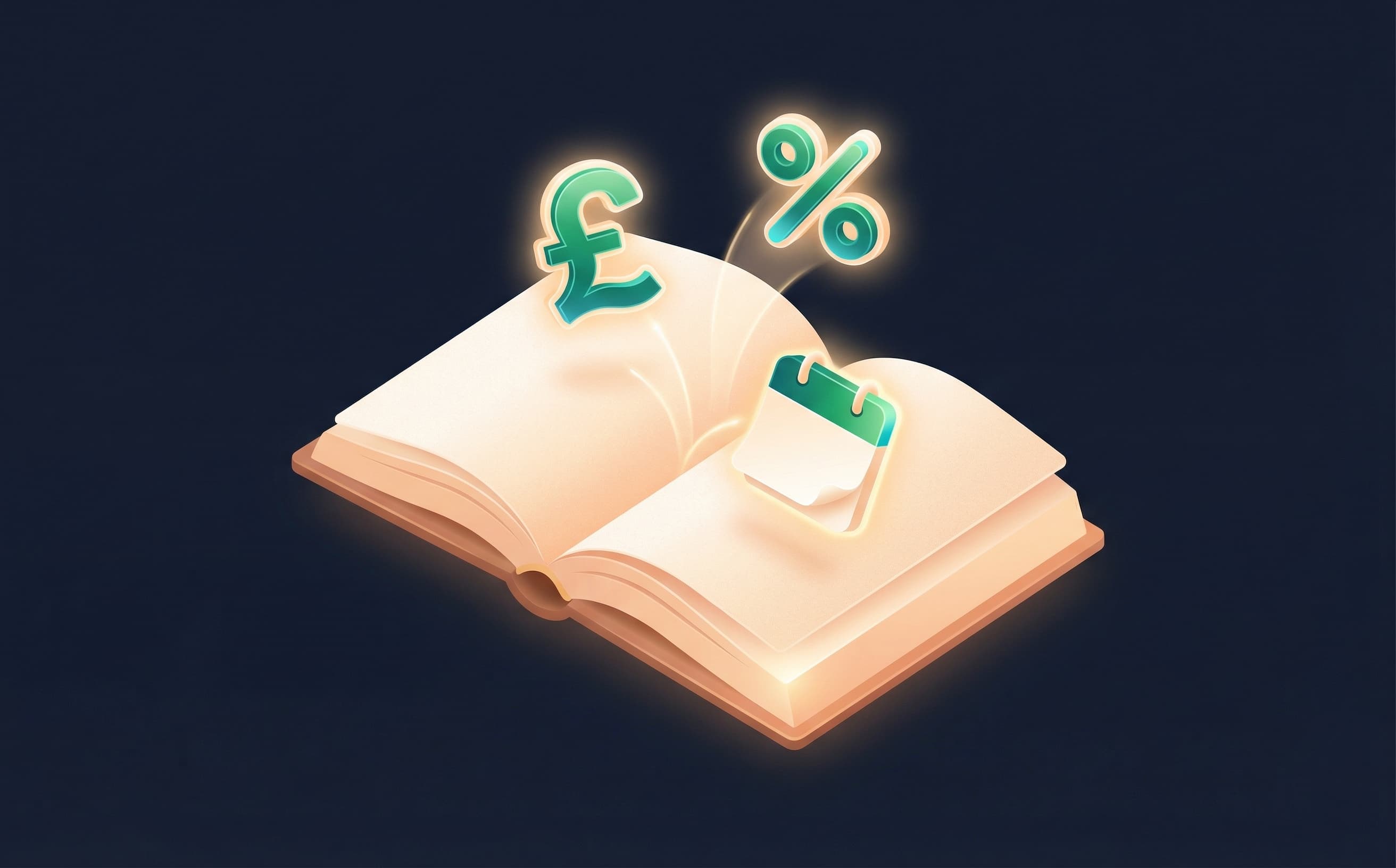Isometric open book with pound sign, percentage and calendar icons floating above