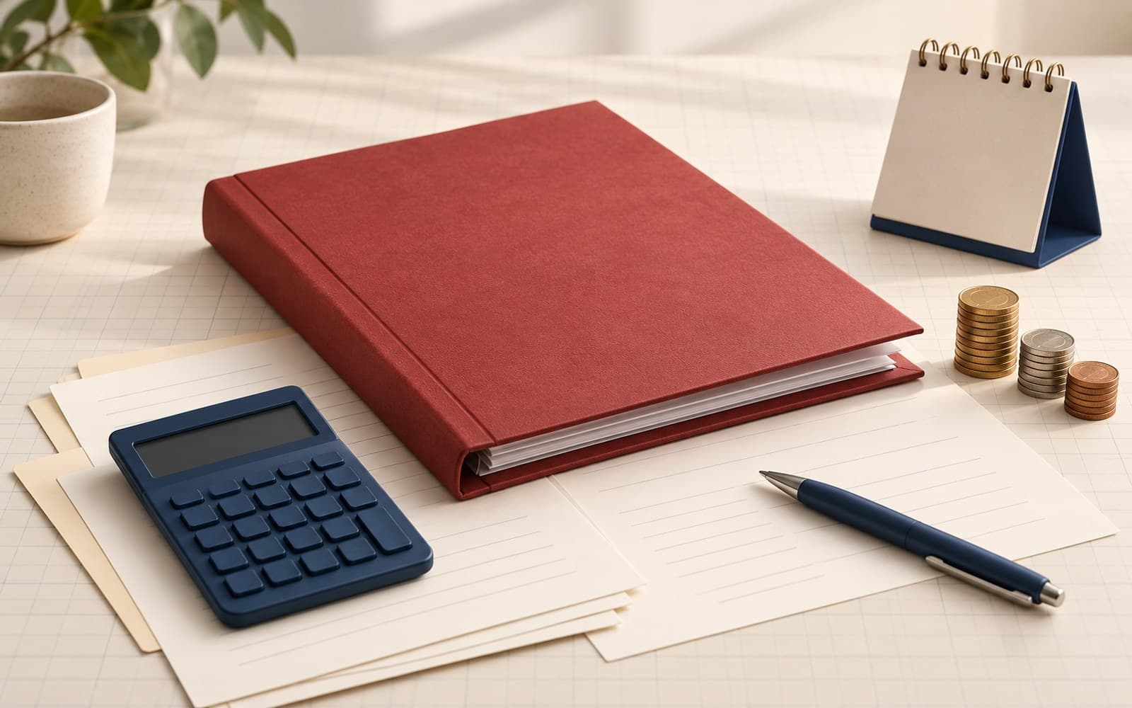 Red folder, blank forms, blue calculator and calendar, pen and coin stacks on a warm paper desk