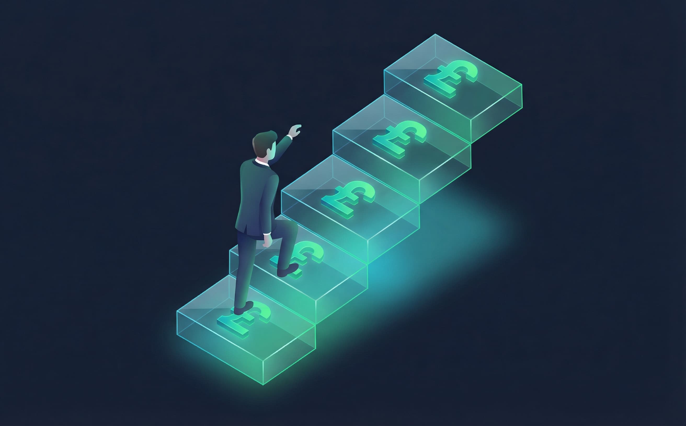 Isometric person climbing stairs with pound signs representing tax bands