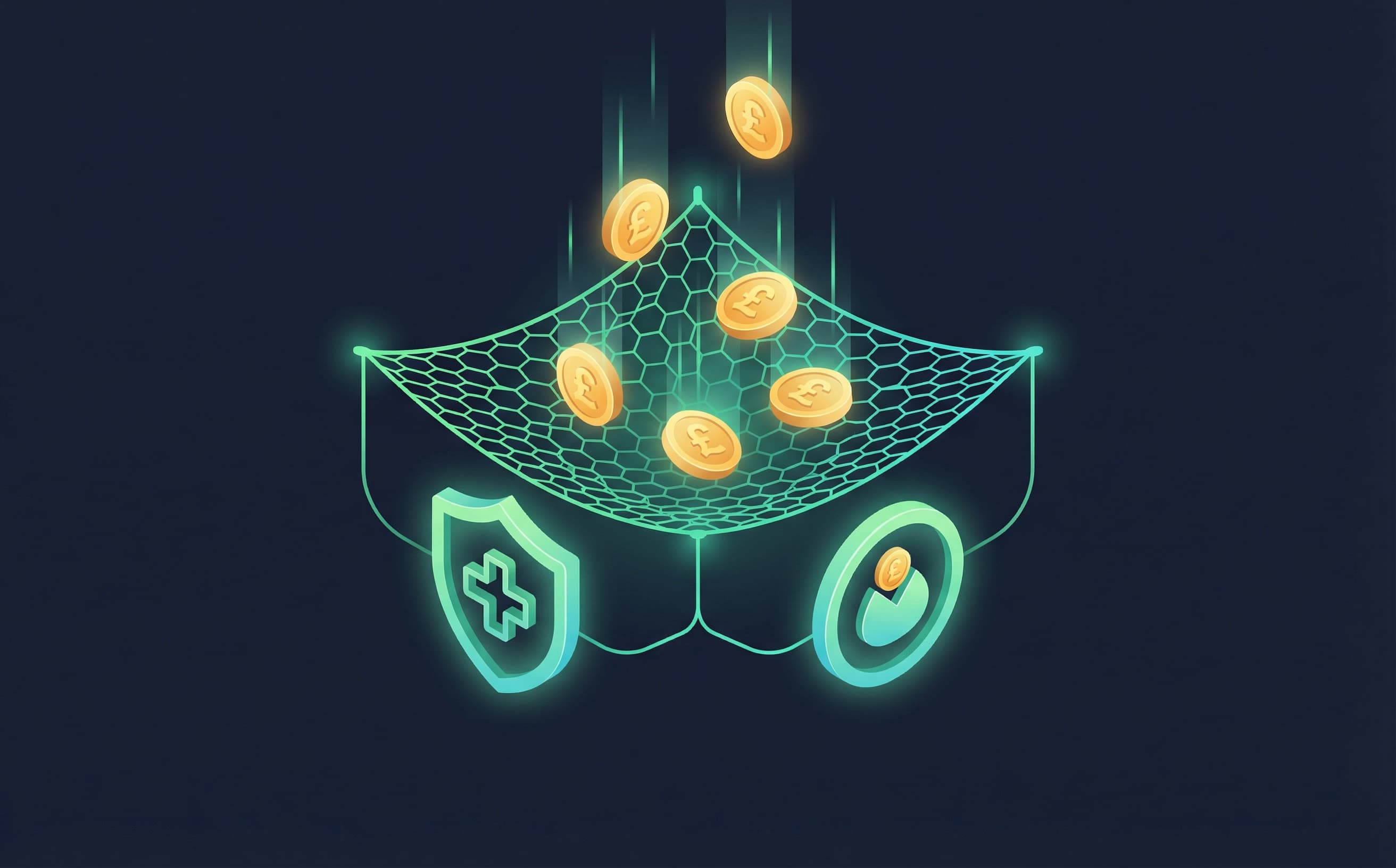 Isometric safety net catching pound coins with NHS shield and pension icons
