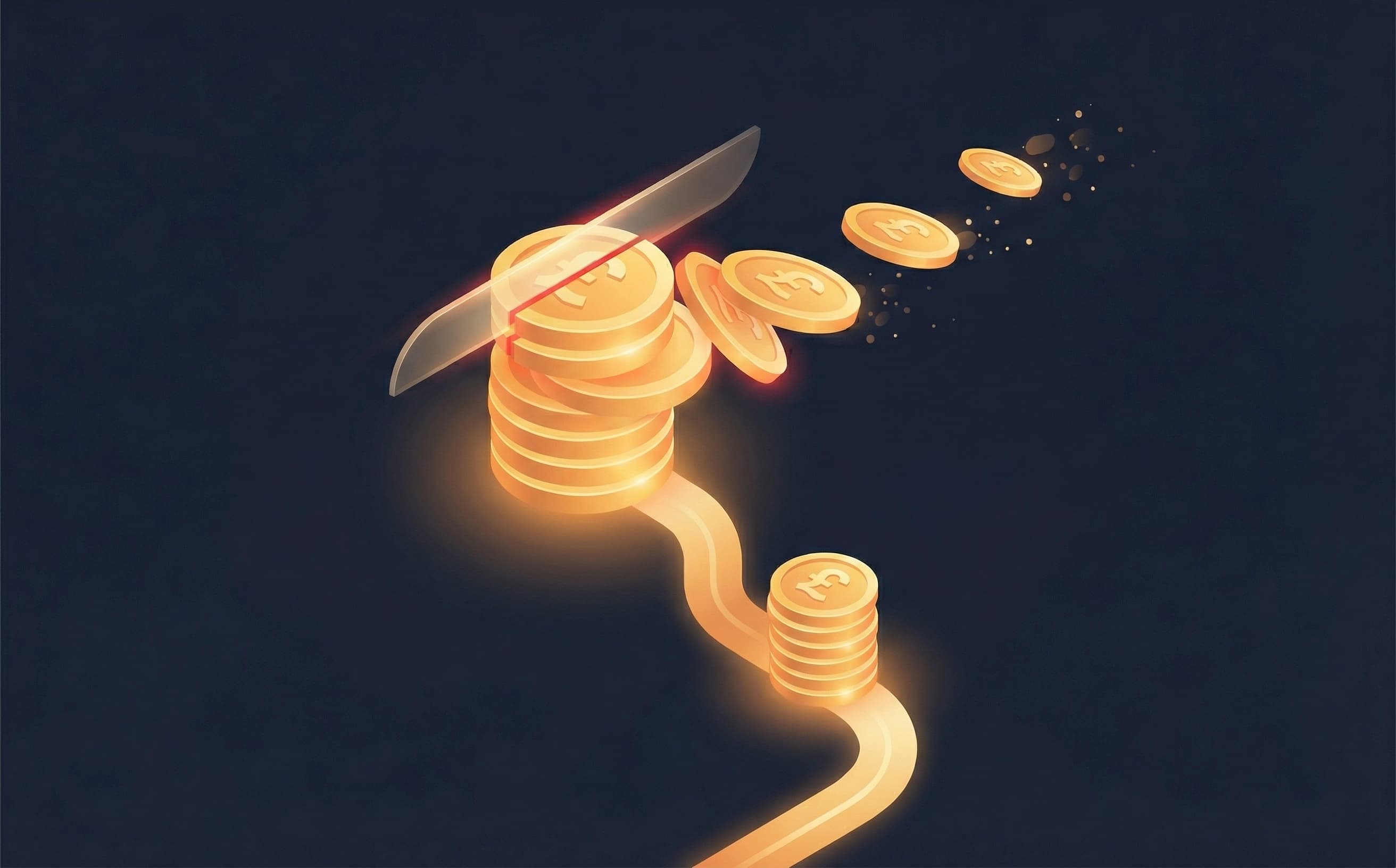 Isometric illustration of salary coins being sliced away with person receiving take-home pay