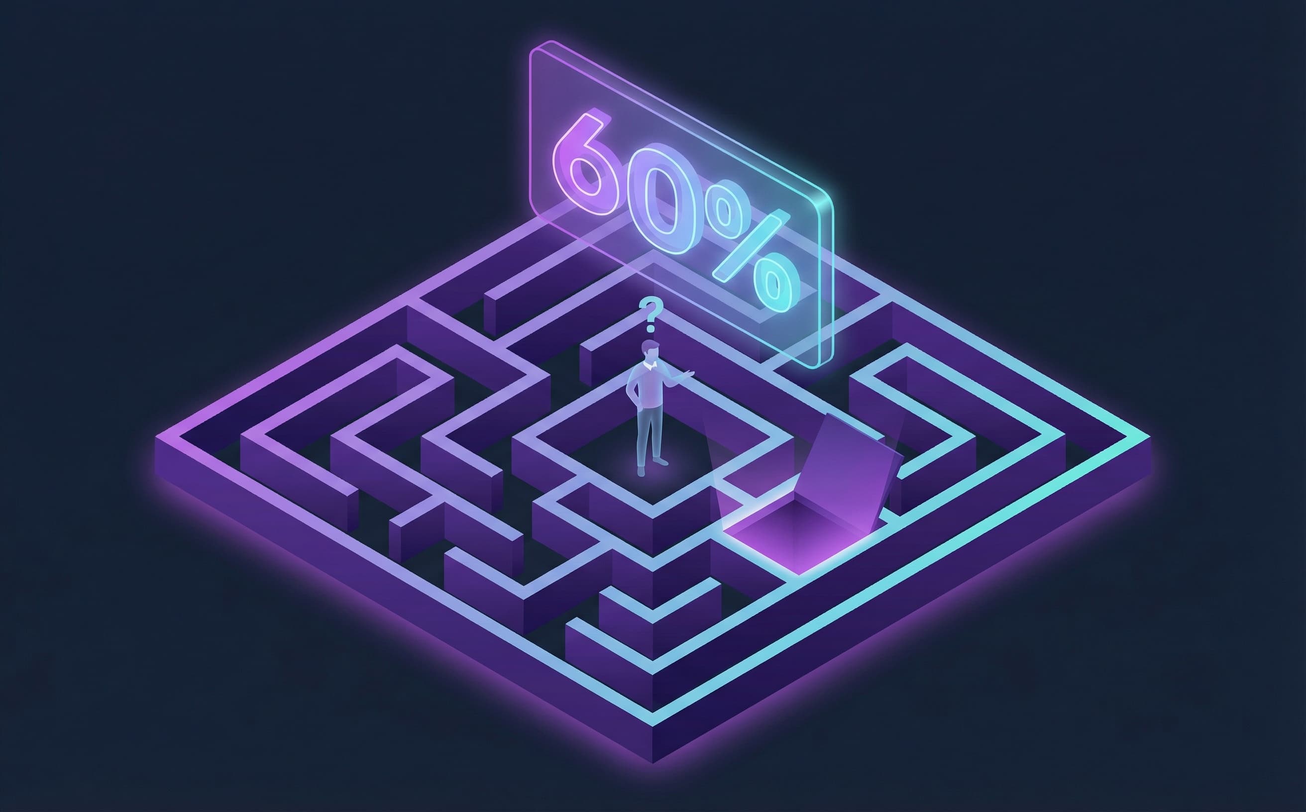 Isometric maze with person trapped and 60% tax rate floating above