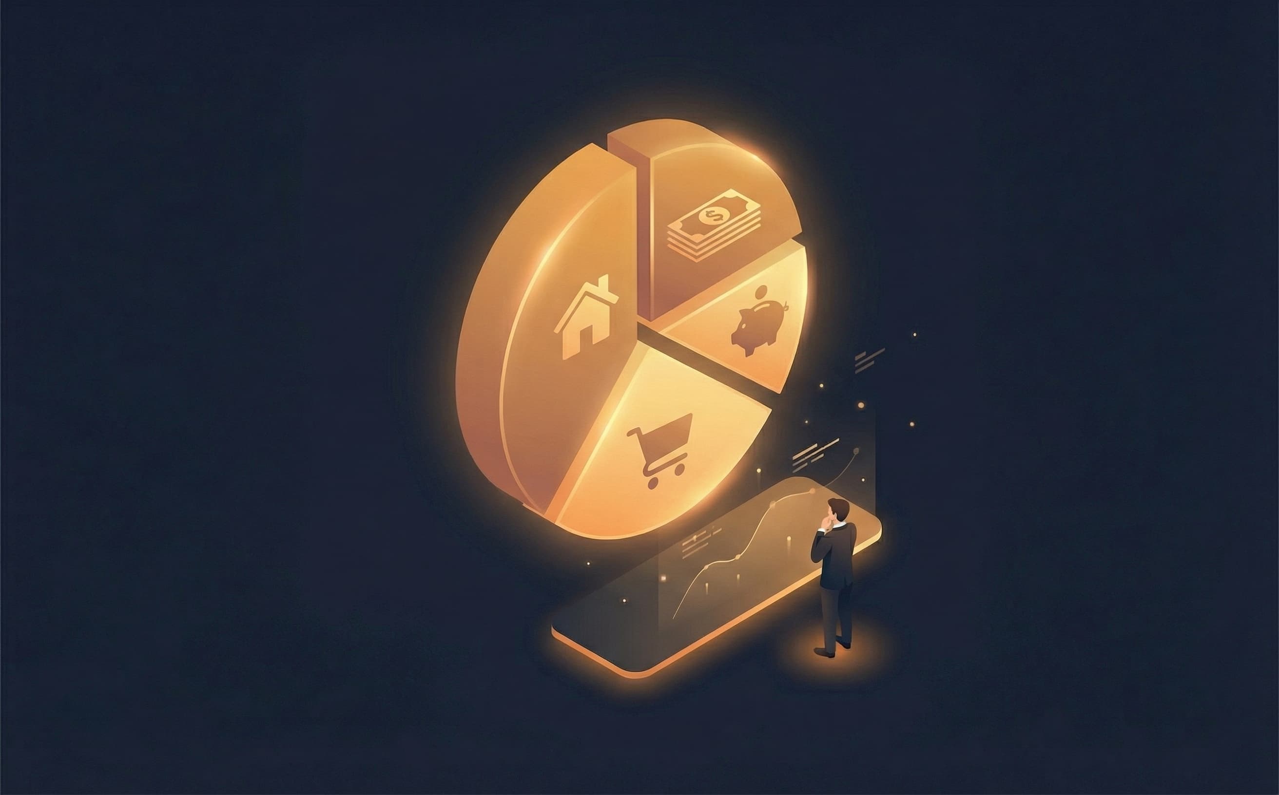 Isometric 3D pie chart showing budget segments with person planning finances