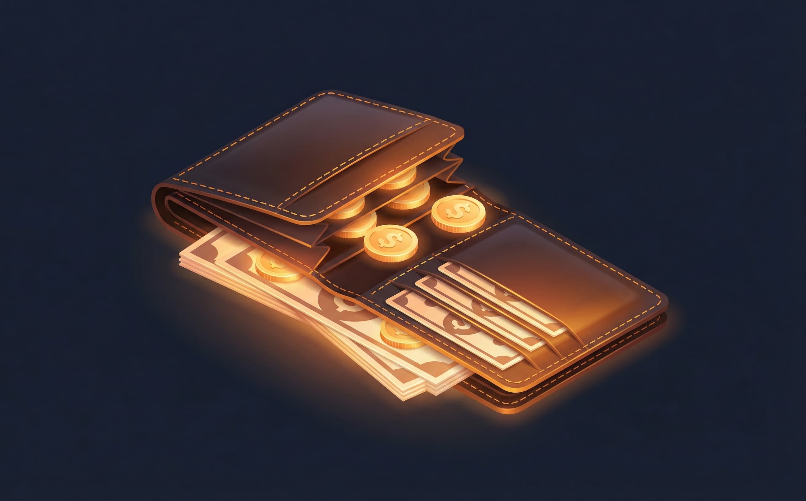 Isometric open wallet with banknotes and coins representing take-home pay