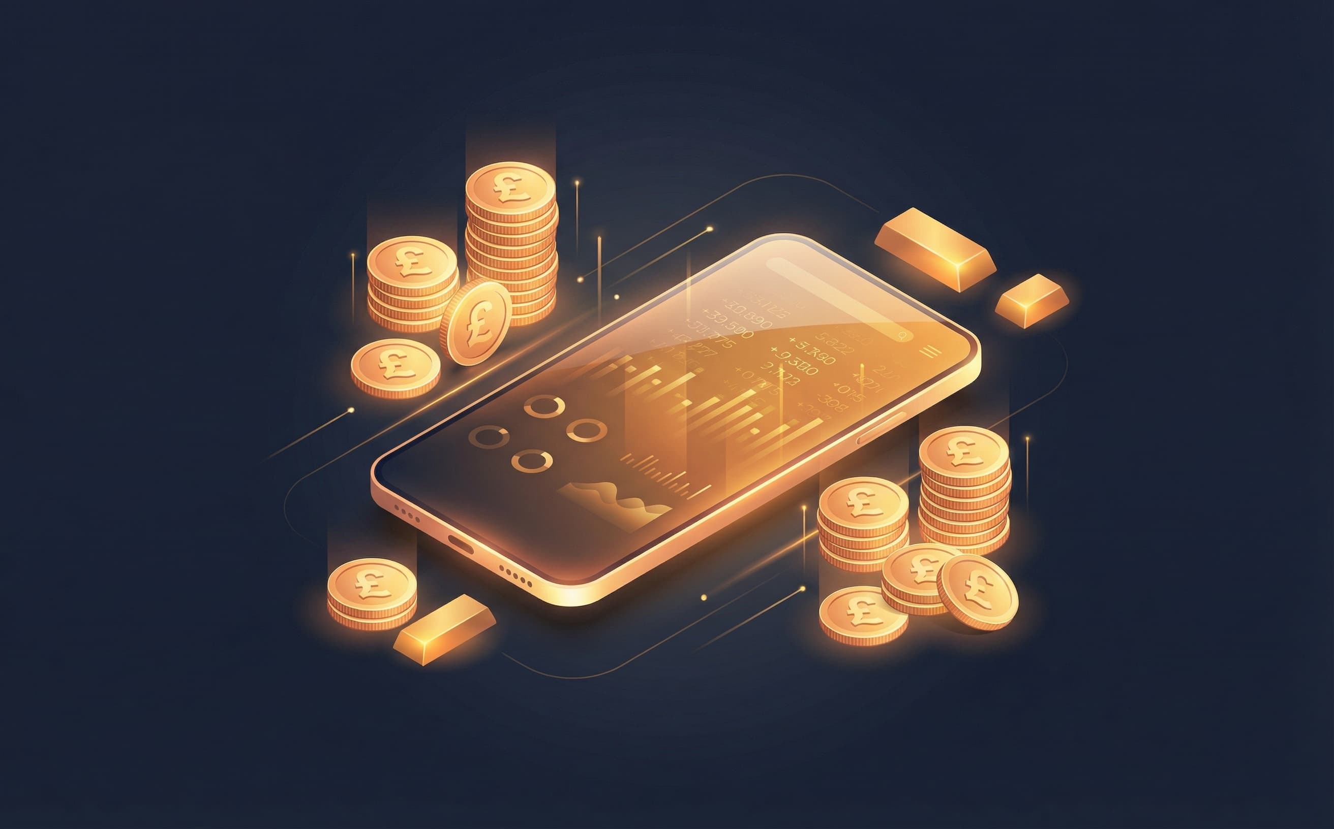 Isometric smartphone with financial charts surrounded by pound coins