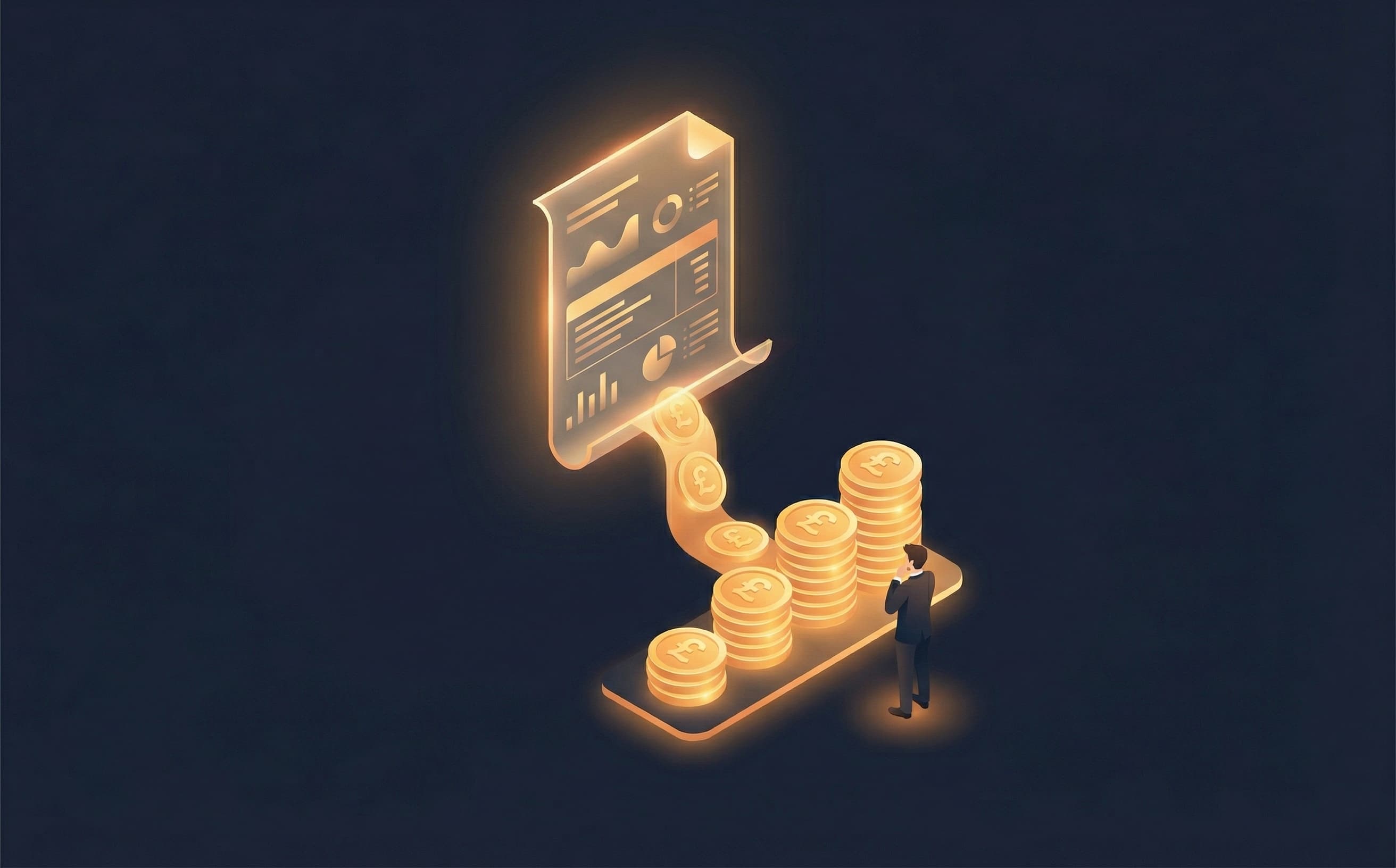 Isometric payslip with coins flowing into organised stacks representing take-home pay