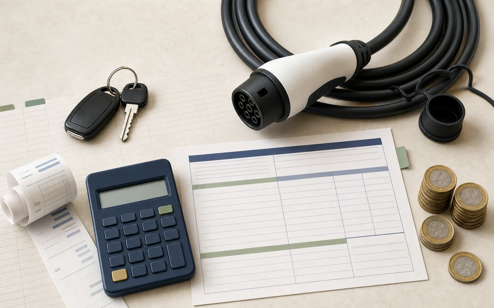 Car keys, coiled charging cable, blank payslip, calculator, and pound coins on a warm paper desk