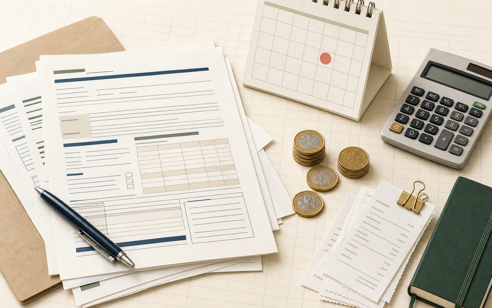 Calendar, tax papers, calculator, receipts, and pound coins representing Making Tax Digital for Income Tax