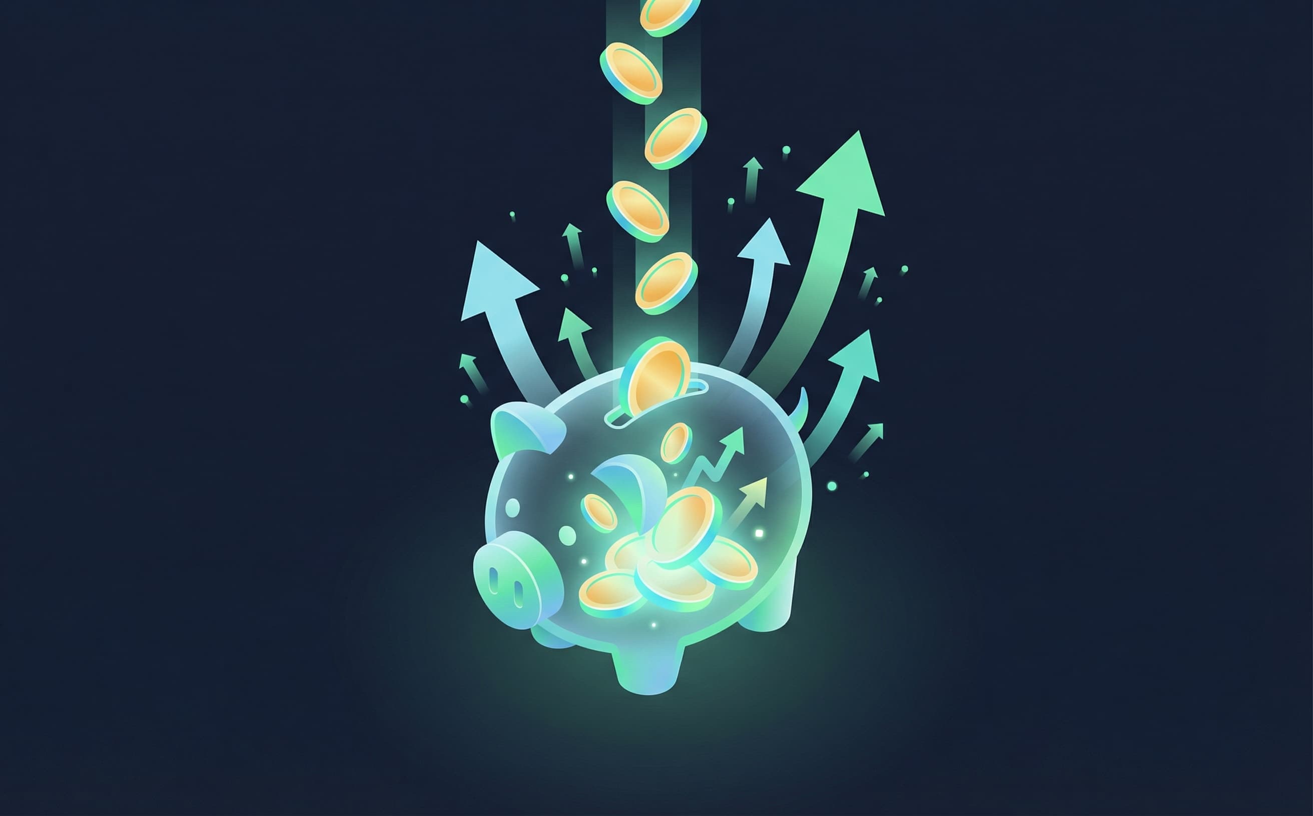 Isometric piggy bank with coins multiplying inside and growth arrows rising