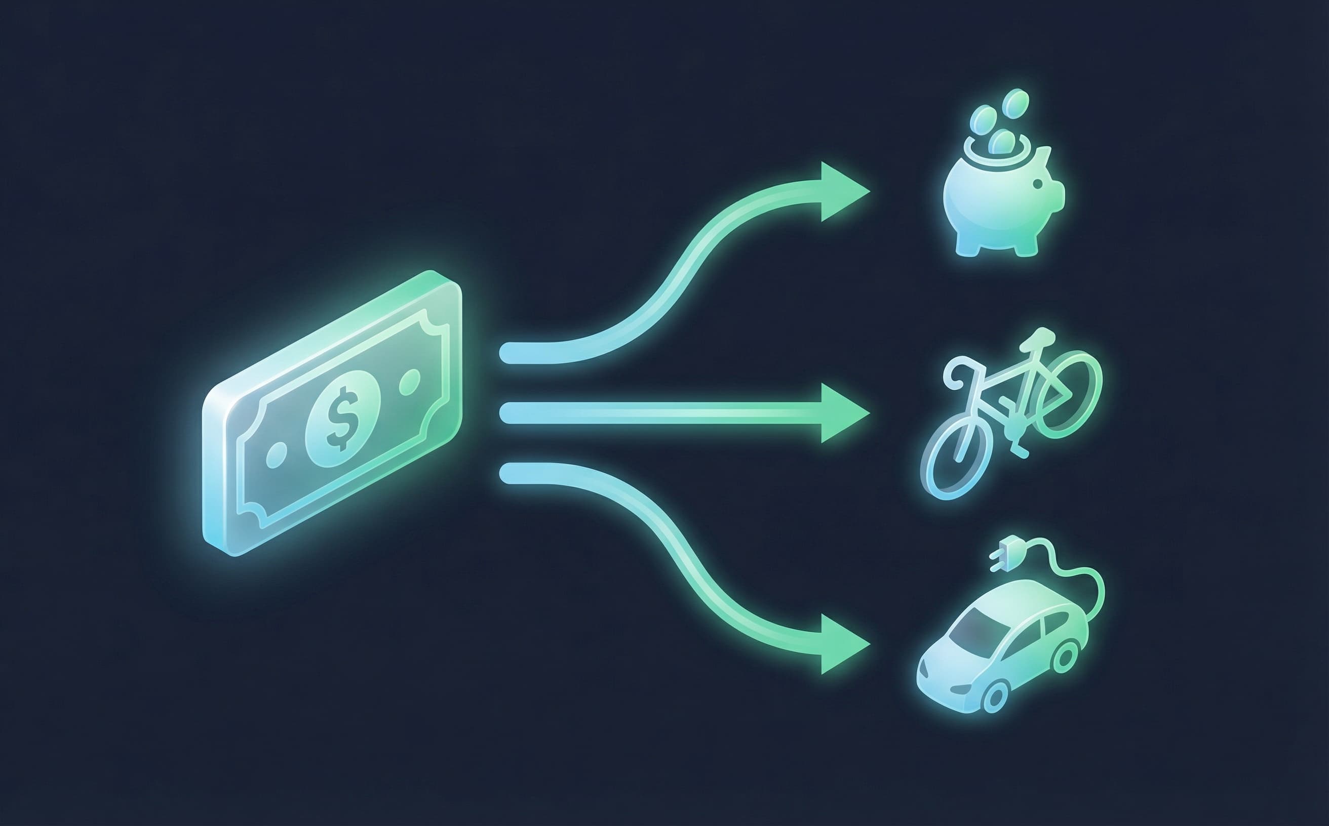 Isometric cash transforming into pension pot, bicycle, and electric car icons