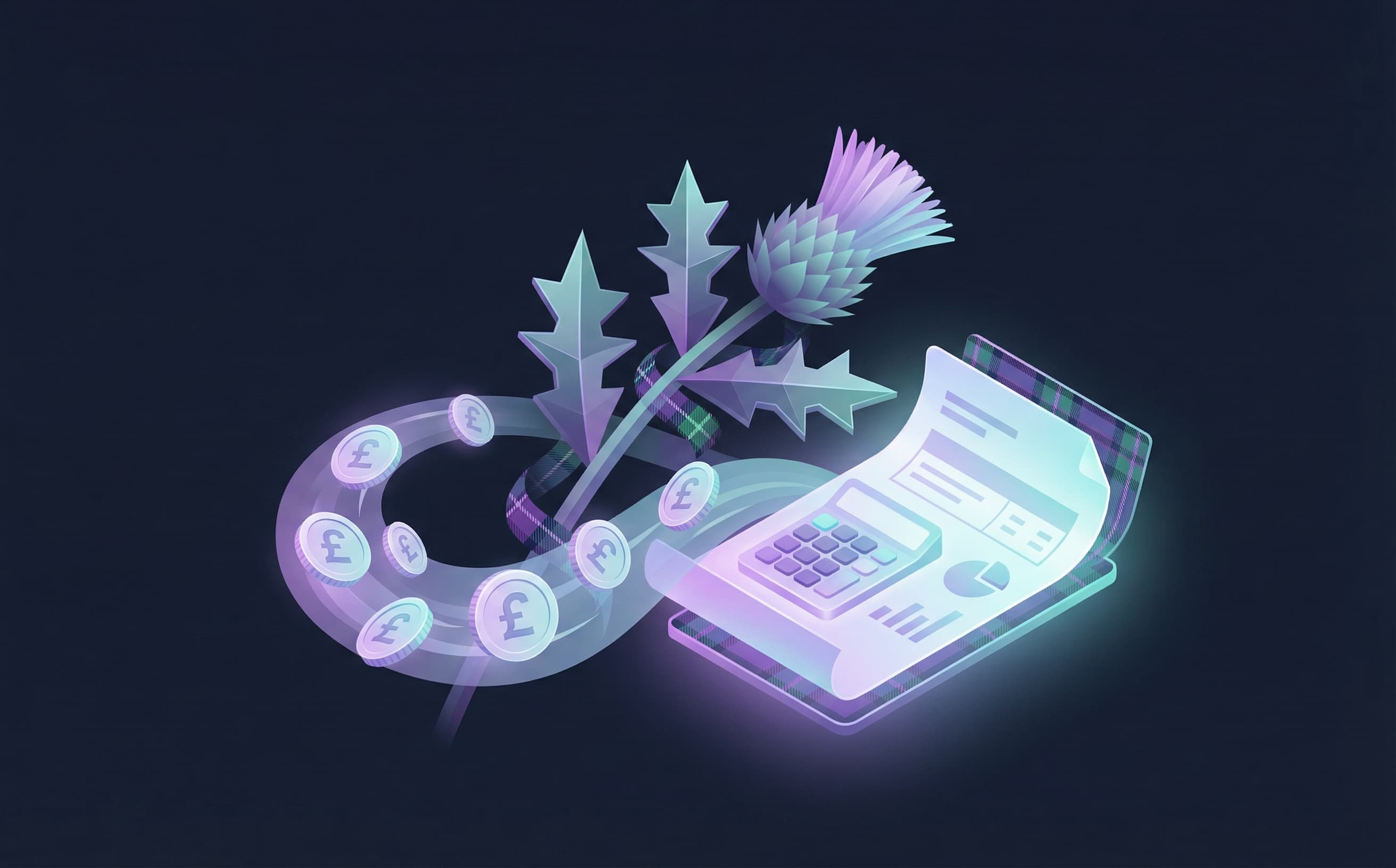 Isometric Scottish thistle with pound coins, calculator, and tartan accents