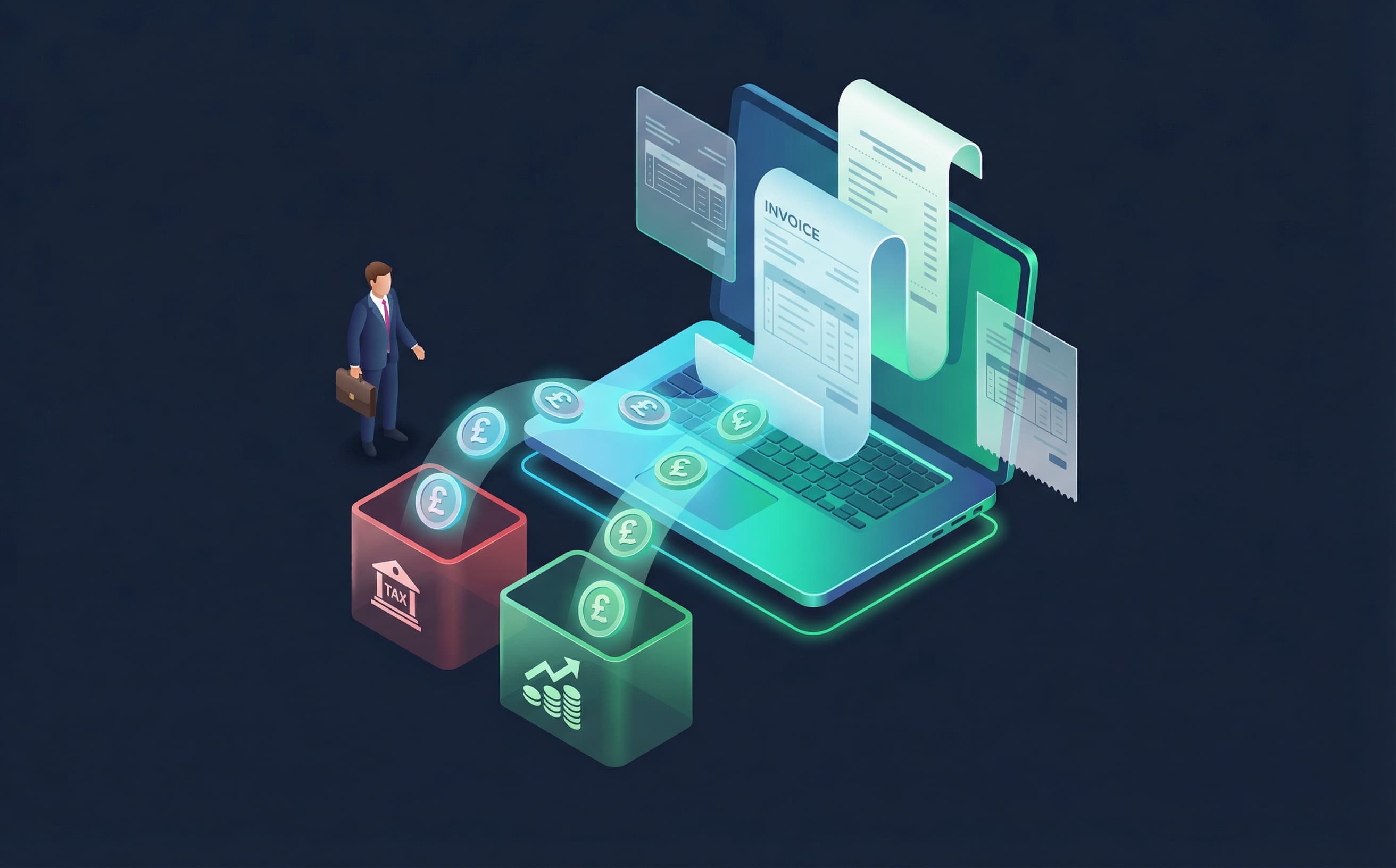 Isometric laptop with invoices, business figure sorting coins into tax and profit boxes