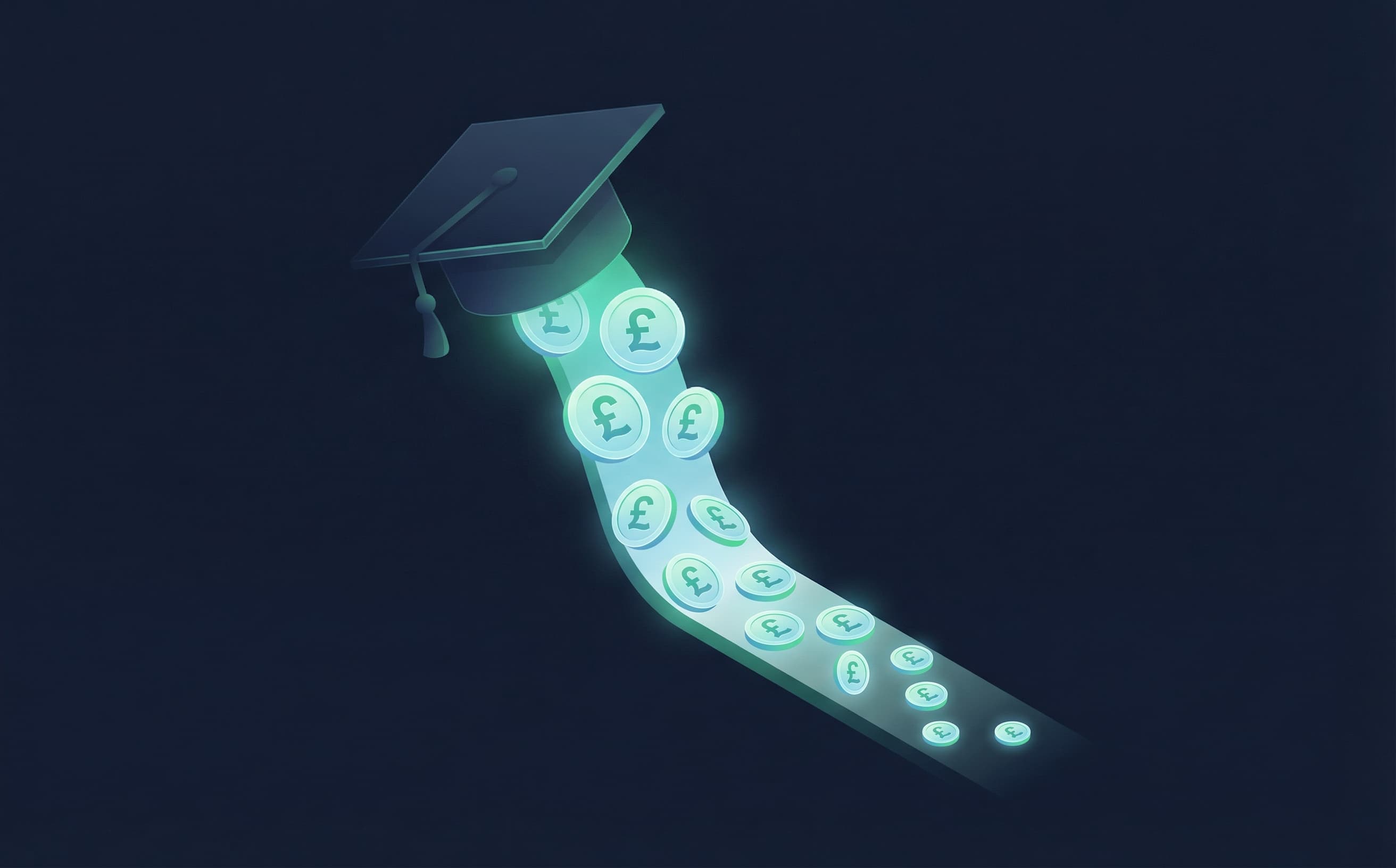 Isometric graduation cap with diminishing stream of pound coins flowing from it