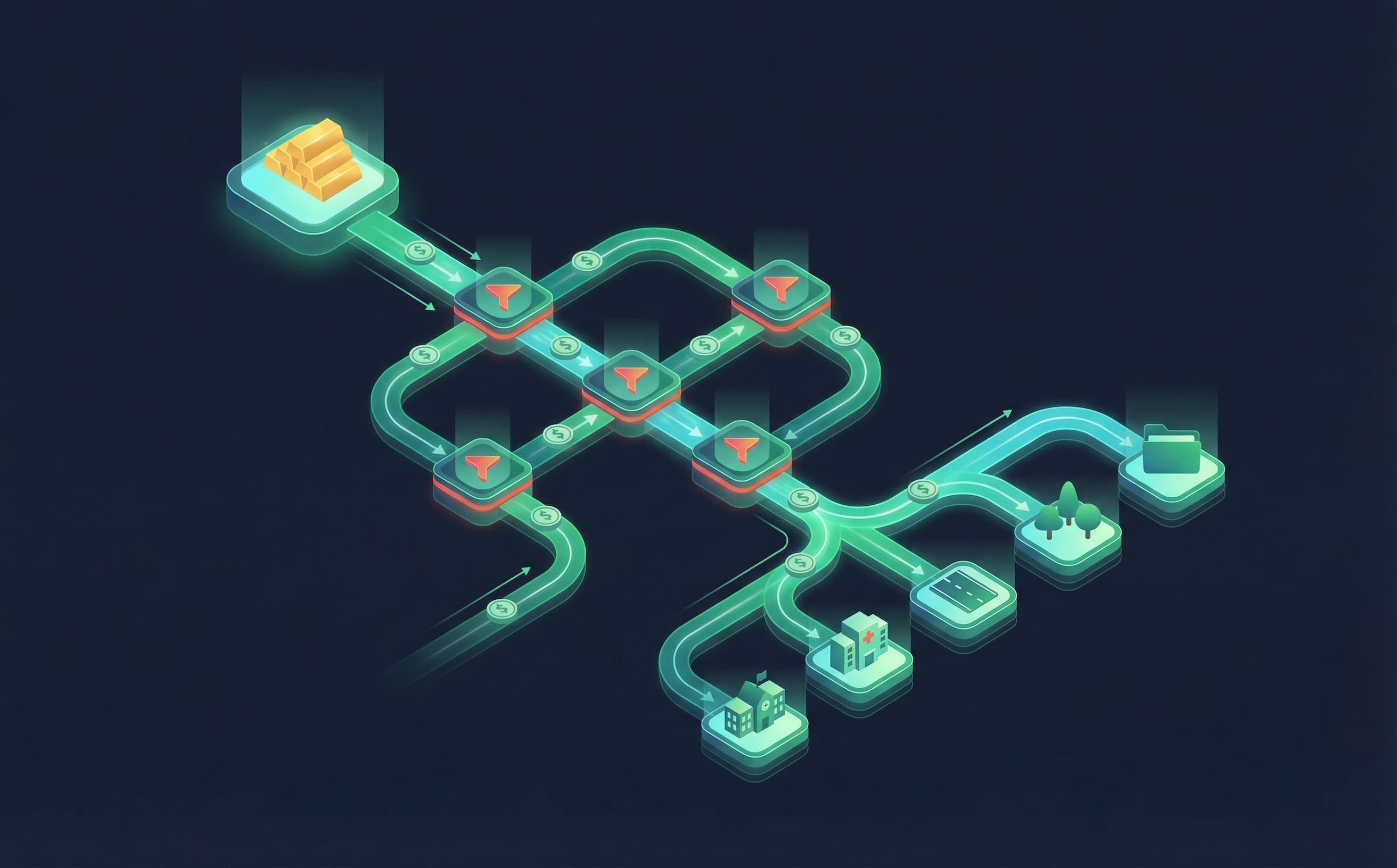 Isometric flowchart showing money flowing through tax system to public services